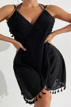 Black Casual Solid Color Fringed Trim Patchwork Swimwears Cover Up