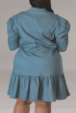 Light Blue Casual Solid Color Ruched Patchwork Turndown Collar Straight Plus Size Dresses
