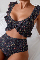 Black Sportswear Print Patchwork Ruffled Trim Swimwears
