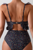Black Sportswear Print Patchwork Ruffled Trim Swimwears