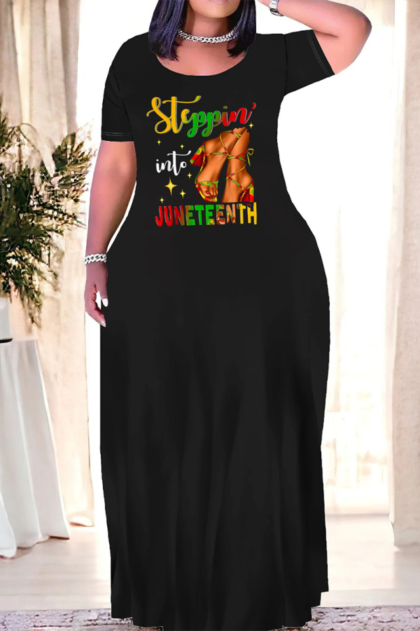 Black Casual Graffiti Print Letter Print O Neck Printed Dresses