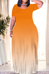 Orange Casual Daily Gradient Print Contrast O Neck Printed Dresses