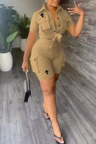 Khaki Casual Street Letter Print Pocket Turndown Collar Short Sleeve Two Pieces