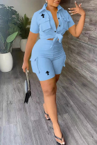 Sky Blue Casual Street Letter Print Pocket Turndown Collar Short Sleeve Two Pieces