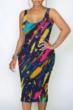 Black Casual Geometric Print Leopard Print The stars Flowers Contrast U Neck Printed Dresses