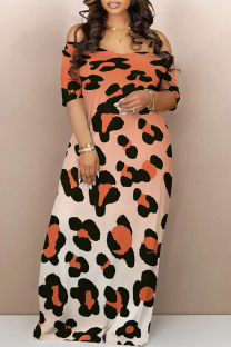 Orange Casual Animal Print Contrast Off Shoulder Printed Dresses