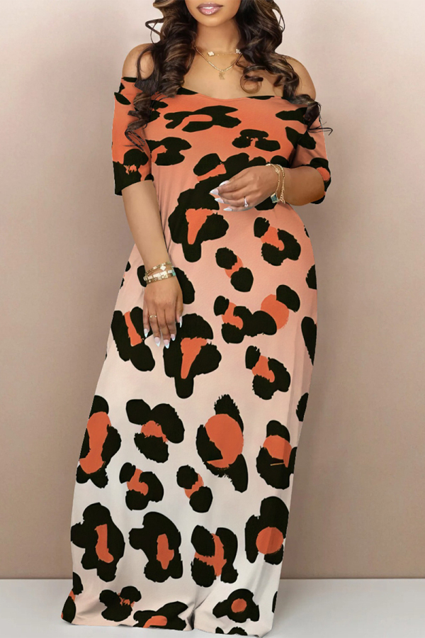 Orange Casual Animal Print Contrast Off Shoulder Printed Dresses