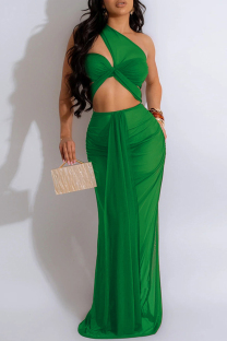Green Sexy Solid Color Hollow Out See-Through Backless Oblique Collar Long Dresses