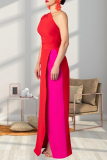 Red Street Solid Color Backless High Slit Patchwork Contrast Oblique Collar Long Dresses