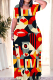 Red Casual Gradient Print Plants Print Heart Pattern Contrast O Neck Printed Dresses