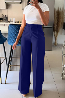 Dark Blue Casual Solid Color Pocket Zipper Patchwork Loose High Waist Wide Leg Patchwork Bottoms