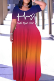 Purple Casual Gradient Print Letter Print Basic O Neck Long Dresses