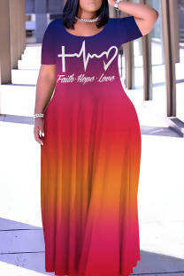 Red Orange Casual Gradient Print Letter Print Basic O Neck Long Dresses
