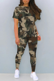 Light Army Green Casual Camouflage Print Contrast O Neck Short Sleeve Two Pieces