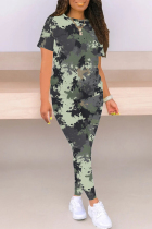 Light Army Green Casual Camouflage Print Contrast O Neck Short Sleeve Two Pieces