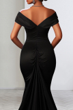 Black Celebrities Solid Color Backless High Slit Zipper Patchwork Off Shoulder Long Dresses