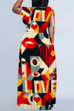 Red Casual Gradient Print Plants Print Heart Pattern Contrast O Neck Printed Dresses