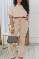 Khaki Casual Solid Color Cross Straps O Neck Short Sleeve Two Pieces