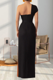 Black Street Solid Color Backless High Slit Patchwork Contrast Oblique Collar Long Dresses