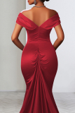 Red Celebrities Solid Color Backless High Slit Zipper Patchwork Off Shoulder Long Dresses