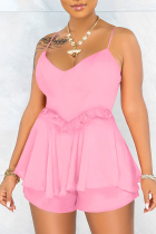 Pink Sexy Solid Color Backless Strap Design Patchwork Spaghetti Strap Sleeveless Two Pieces