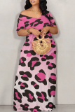 Rose Red Casual Animal Print Contrast Off Shoulder Printed Dresses