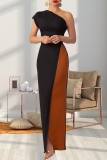Black Street Solid Color Backless High Slit Patchwork Contrast Oblique Collar Long Dresses