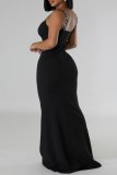Black Sexy Formal Prom Patchwork Backless Hot Drill Spaghetti Strap Evening Dresses