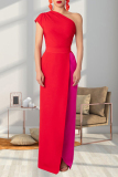 Red Street Solid Color Backless High Slit Patchwork Contrast Oblique Collar Long Dresses