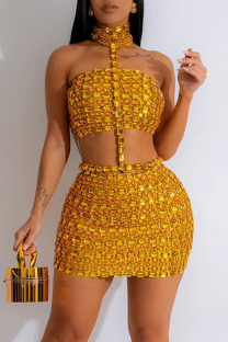 Gold Sexy Hot Solid Color Backless Rhinestone Decor Patchwork Halter Sleeveless Two Pieces