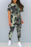 Light Army Green Casual Camouflage Print Contrast O Neck Short Sleeve Two Pieces
