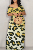 Rose Red Casual Animal Print Contrast Off Shoulder Printed Dresses