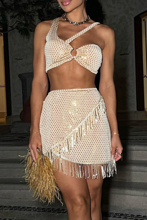 Amber Celebrities Hollow Out Sequins Patchwork Fringed Hem Asymmetrical Collar Sleeveless Two Pieces