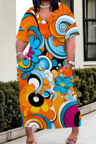 Tangerine Red Casual Print Pocket Patchwork V Neck Straight Plus Size Dresses