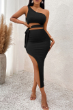 Black Sexy Solid Color Hollow Out Backless High Slit Strap Design Patchwork Oblique Collar Long Dresses
