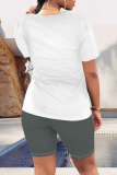 Beige Casual Figure Print Letter Print O Neck Short Sleeve Two Pieces