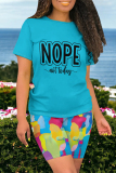 Yellow Casual Gradient Print Letter Print Contrast O Neck Short Sleeve Two Pieces