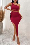 Rose Red Sexy Solid Color Hollow Out Backless High Slit Strap Design Patchwork Oblique Collar Long Dresses