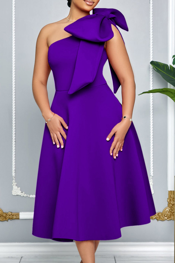 Purple Celebrities Solid Color Bow Decor Patchwork Oblique Collar A Line Dresses