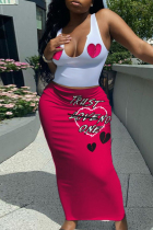 Rose Red Sexy Print Backless Patchwork U Neck Sleeveless Two Pieces