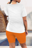 Beige Casual Figure Print Letter Print O Neck Short Sleeve Two Pieces