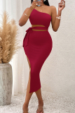Burgundy Sexy Solid Color Hollow Out Backless High Slit Strap Design Patchwork Oblique Collar Long Dresses