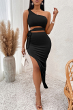 Black Sexy Solid Color Hollow Out Backless High Slit Strap Design Patchwork Oblique Collar Long Dresses