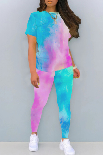 Blue Pink Casual Patchwork O Neck Short Sleeve Two Pieces