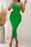 Green Sexy Solid Color Hollow Out Backless High Slit Strap Design Patchwork Oblique Collar Long Dresses