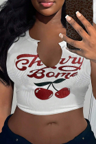 White Sexy Print Patchwork V Neck Tops