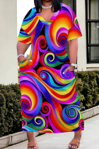 Purple Casual Print Pocket Patchwork V Neck Straight Plus Size Dresses