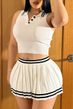 Pink Daily Buckle Pleated Patchwork Turndown Collar Sleeveless Two Pieces