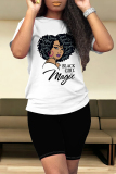 Beige Casual Figure Print Letter Print O Neck Short Sleeve Two Pieces