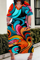Baby Blue Casual Print Pocket Patchwork V Neck Straight Plus Size Dresses